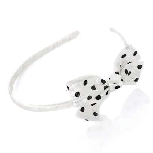 Satin-Hårbøjle m. Sløjfe - Hvid m. Sorte Prikker - SofiaGaver.dk