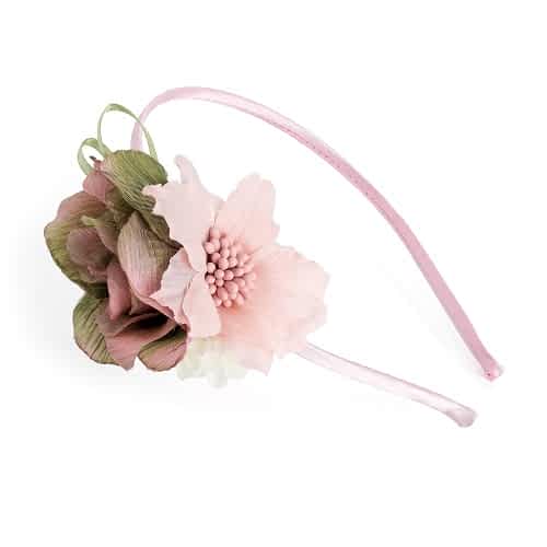 Hårbøjle m. Satin-Blomster - i Lyserød, Hvid & Oliven - SofiaGaver.dk