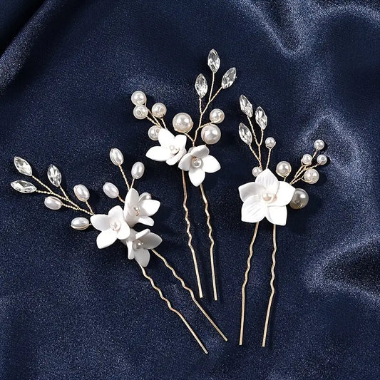 3 Stk Hårnåle med Hvide Blomster og Perler