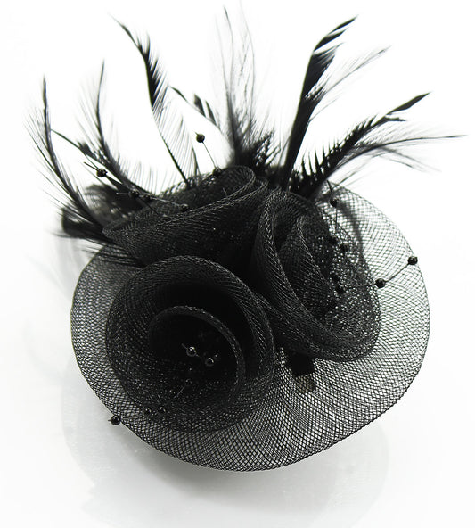 Sort Fascinator med Blomster & Fjer