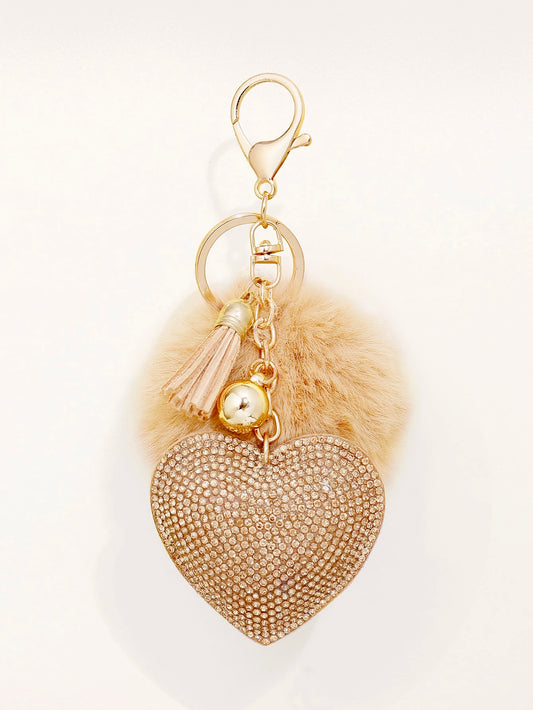 Nøglering med Glansfuld Hjerte, Klokke, Tassel & Pom Pom - i Gylden