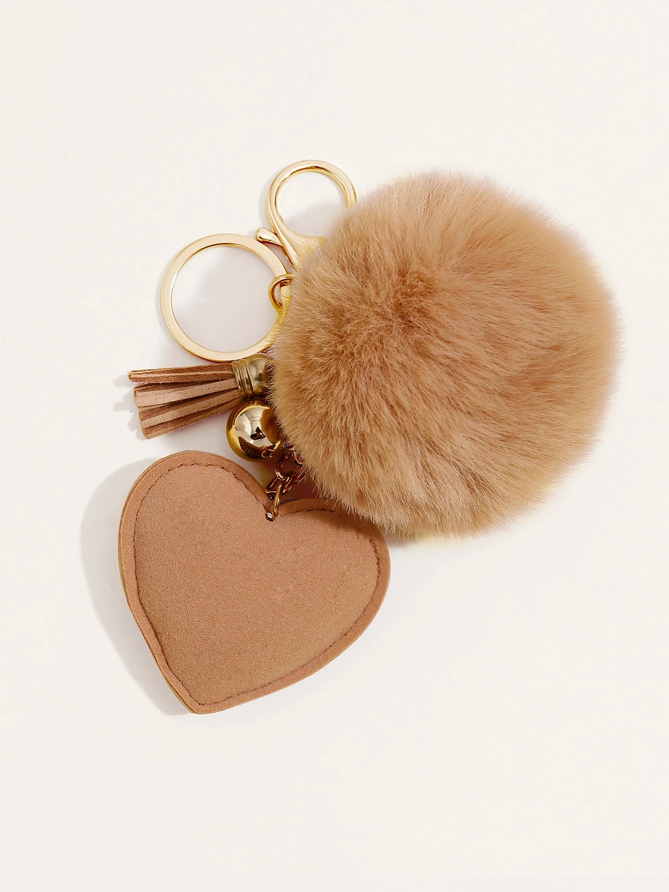Nøglering med Glansfuld Hjerte, Klokke, Tassel & Pom Pom - i Gylden