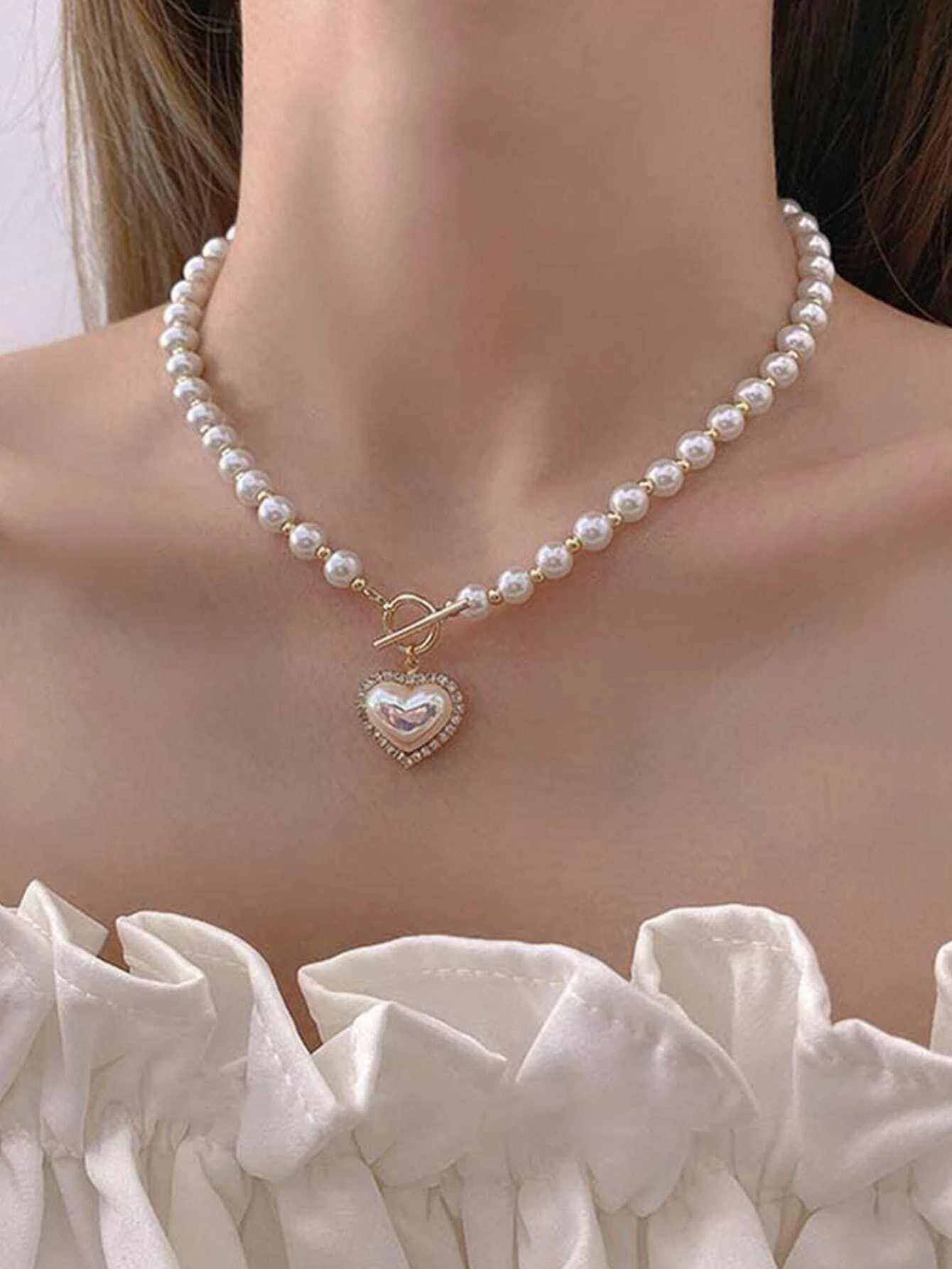 Perle Halskæde med Krystal Hjerte
