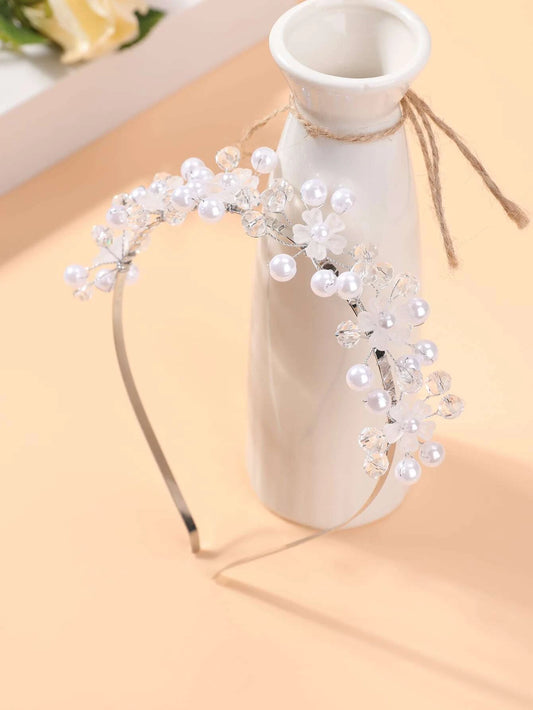 Sølv Hårbøjle med Hvide Blomster & Perler