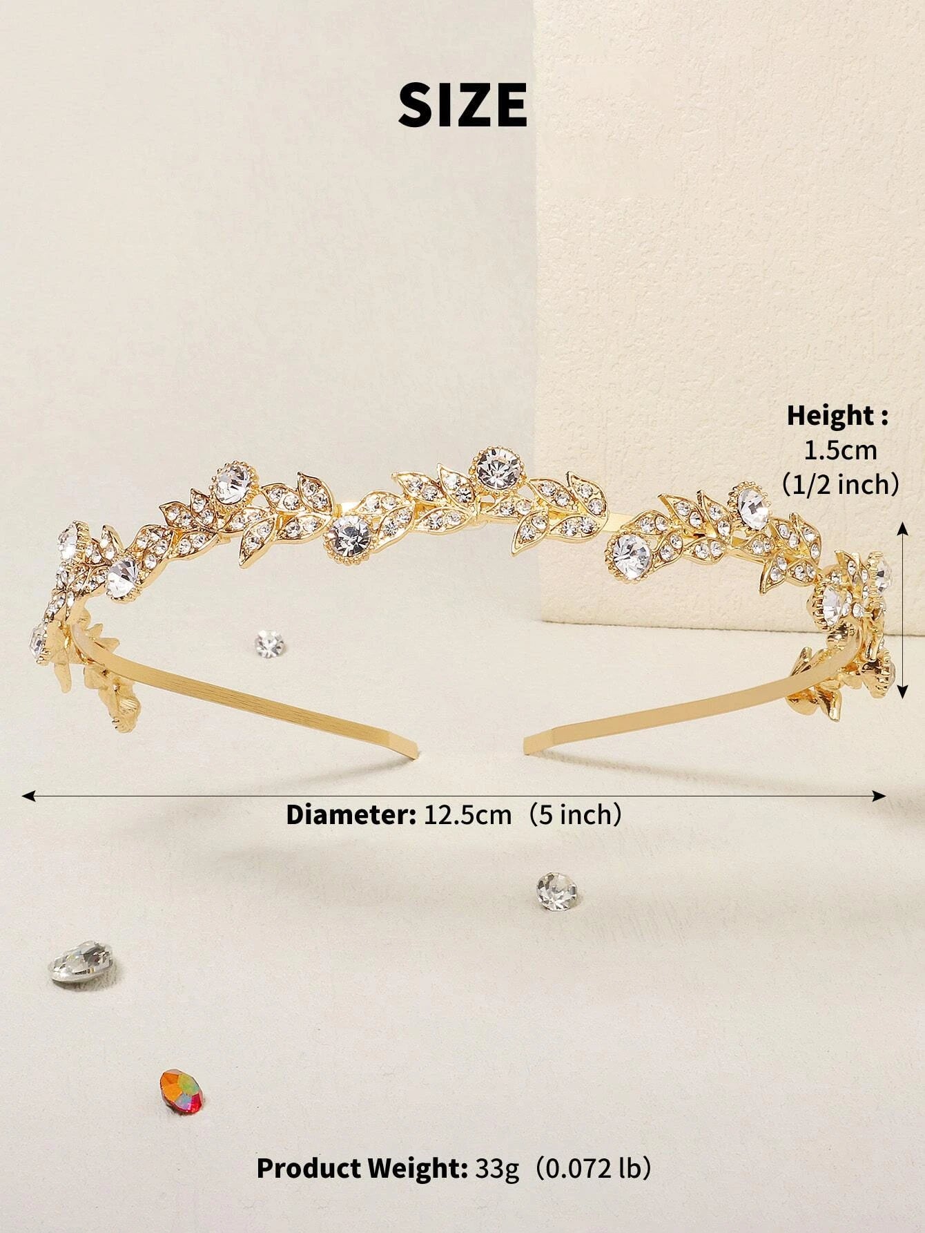 Gylden Hårbøjle (Diadem) med Blomster & Krystalperler