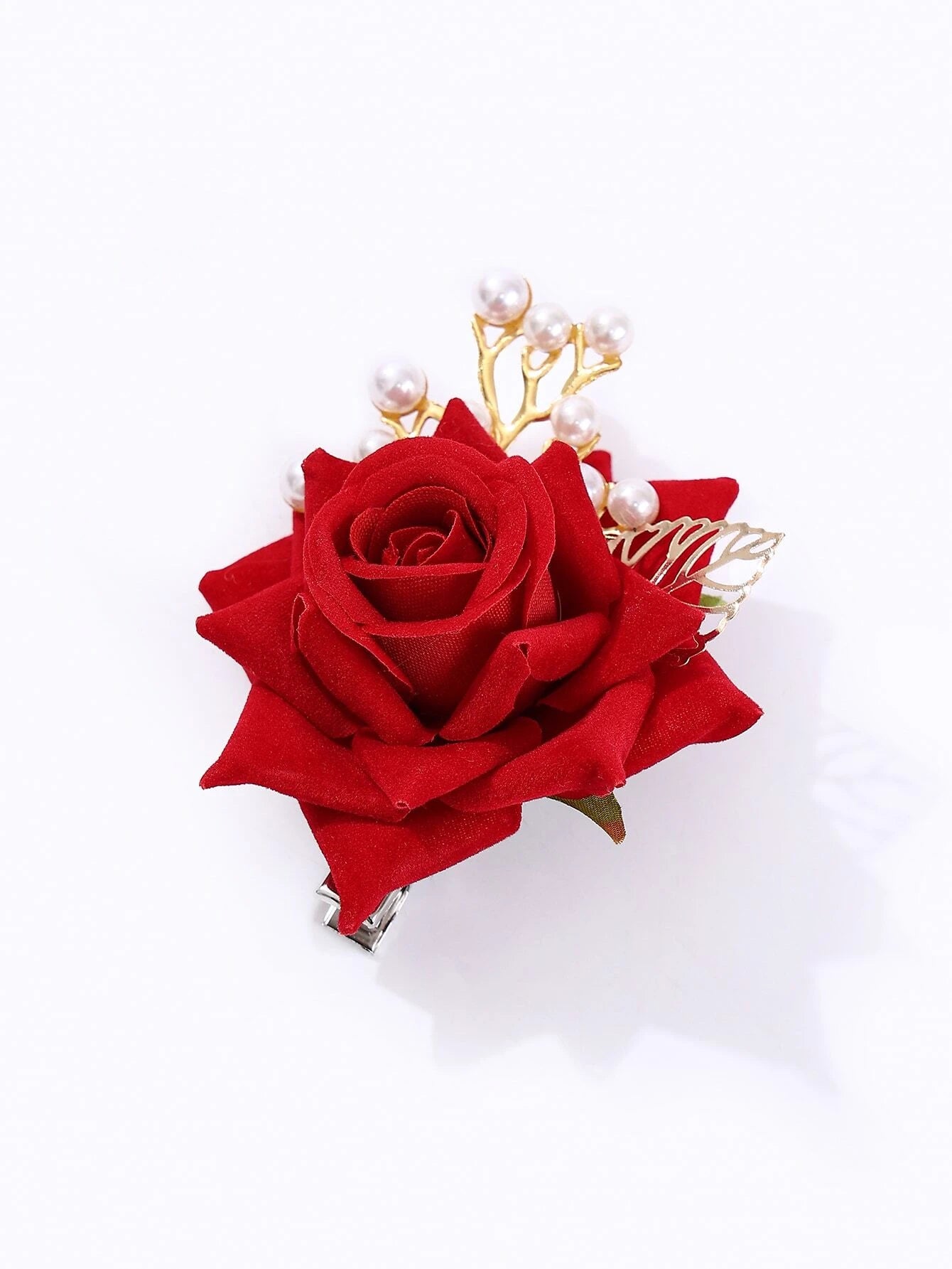 Rød Rose med Gyldent Blad & Hvide Perler