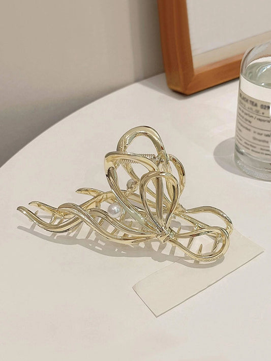 Gylden Metal-Hårklemme med Sløjfe-Design & Perle
