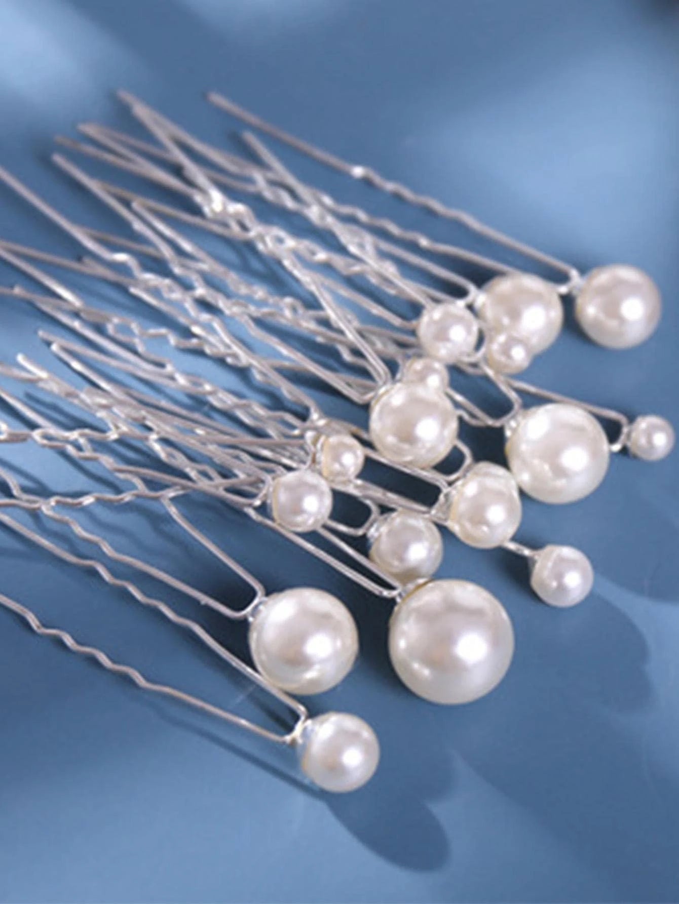 16 Pieces Silver Hairpins with Large White Pearls - in 4 Sizes