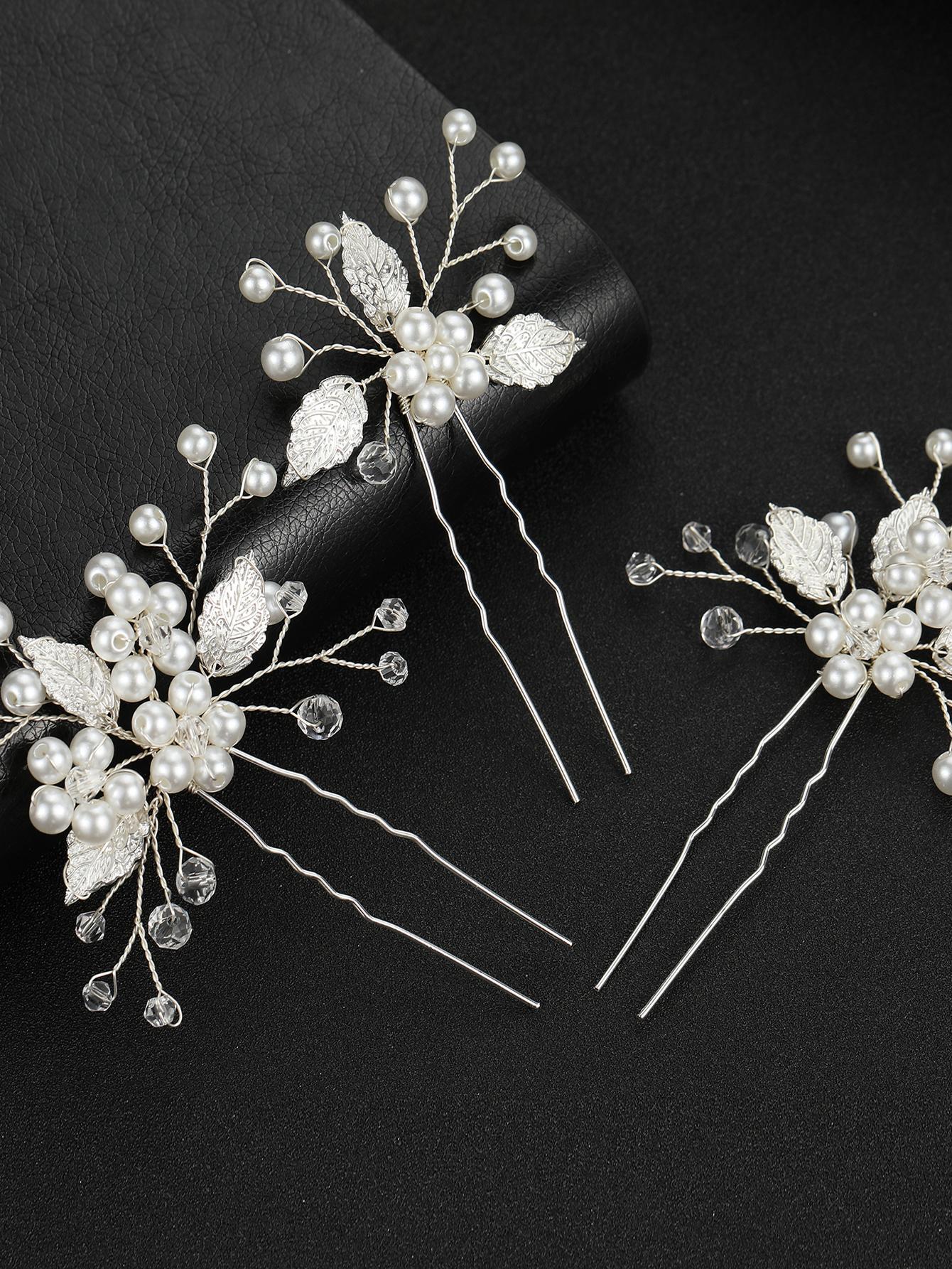 3 Pcs Silver Hairpins with Flowers, Leaves and Pearls