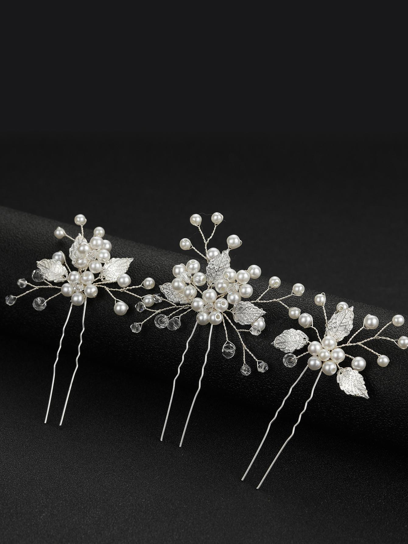 3 Pcs Silver Hairpins with Flowers, Leaves and Pearls