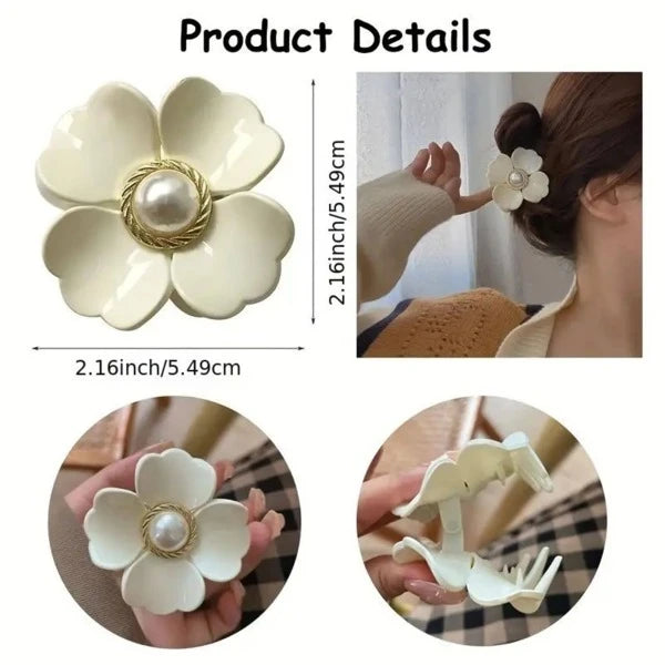 3 stk Hårklemmer - Blomster-Design med Perle - i Creme, Brun & Sort