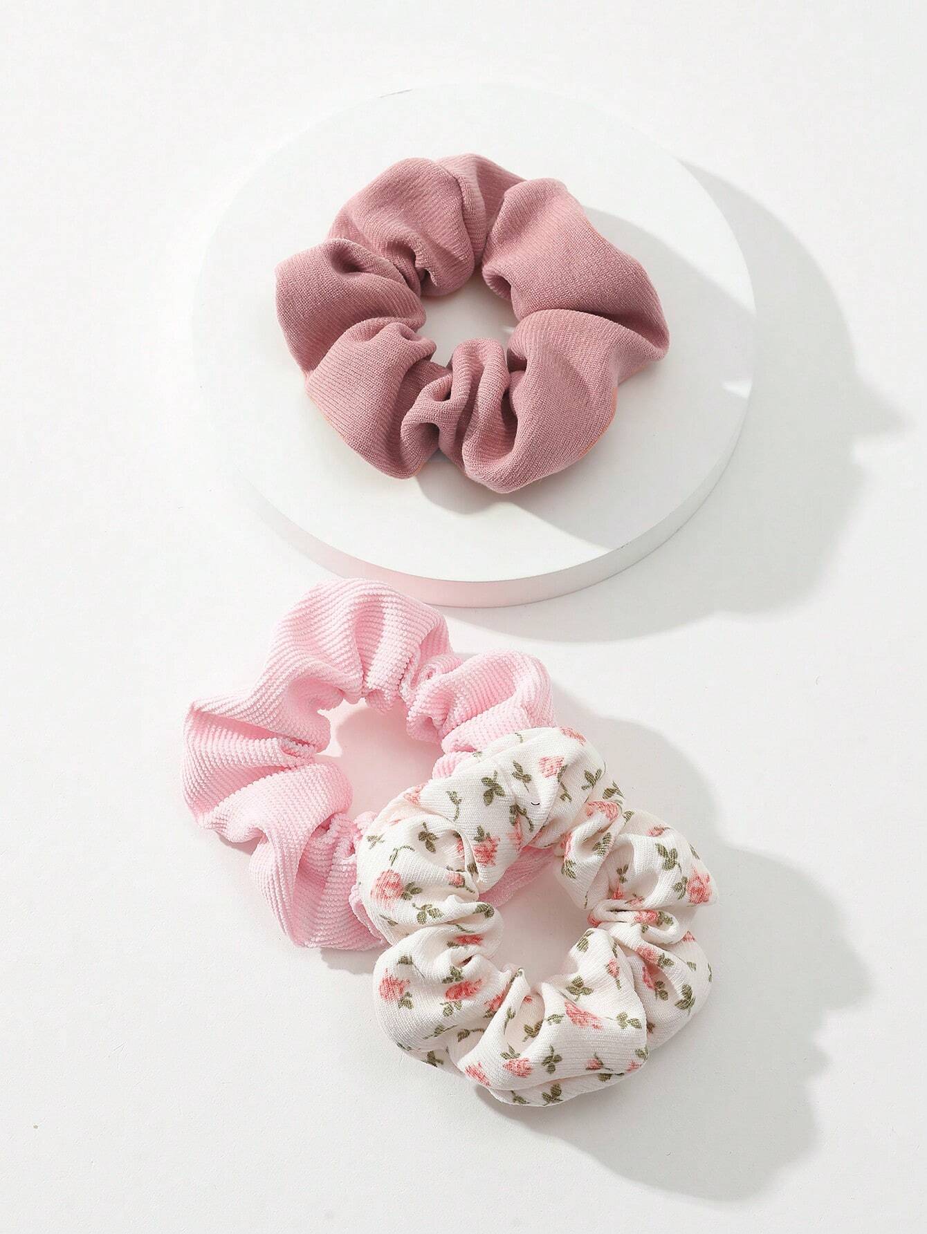 3 Stk Scrunchies - i Lyserød, Rosa & Blomsterprint