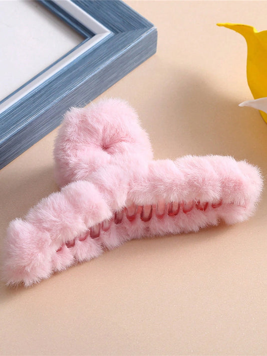 Large Hair Clip with Plush - in Pink