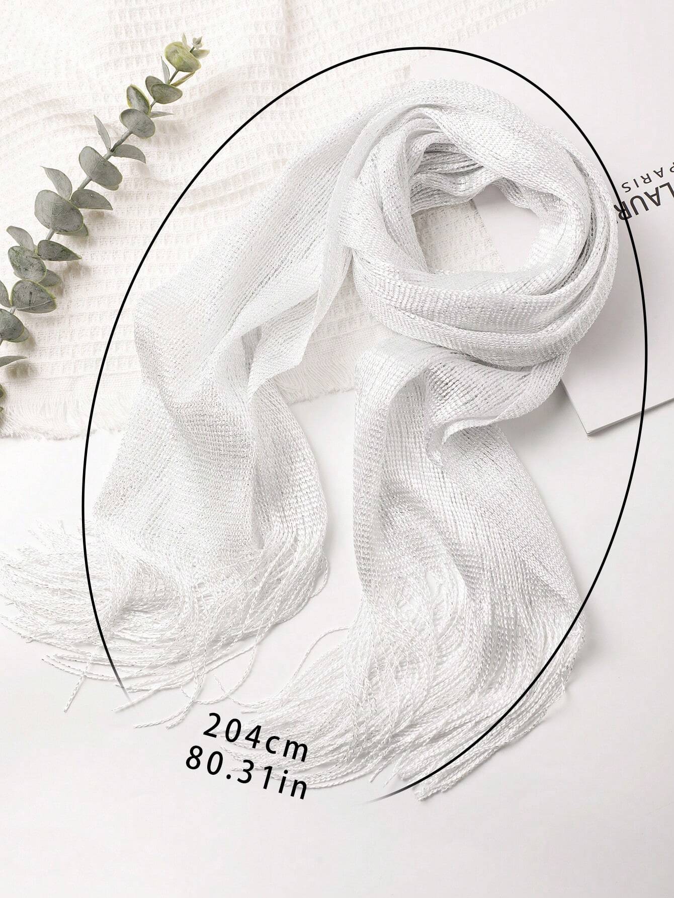 Hvid med Sølv Glitter Tørklæde - Sjal med Frynser & Spænde