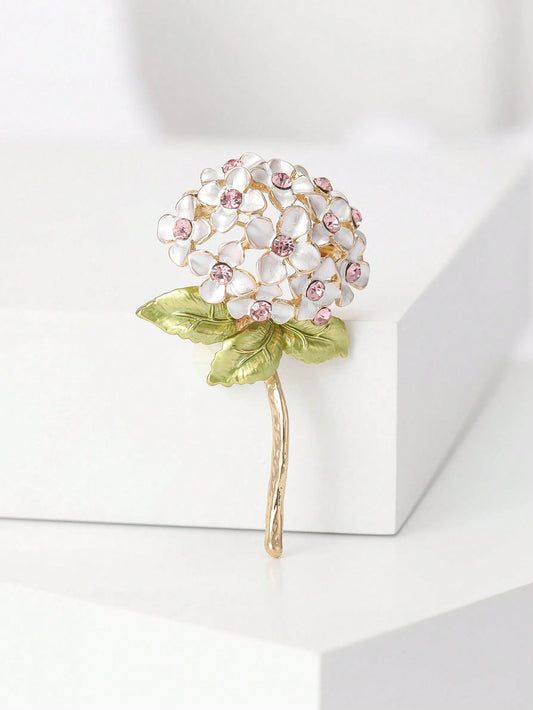 Gylden Broche med Blomster Buket - i Hvid & Lyserød