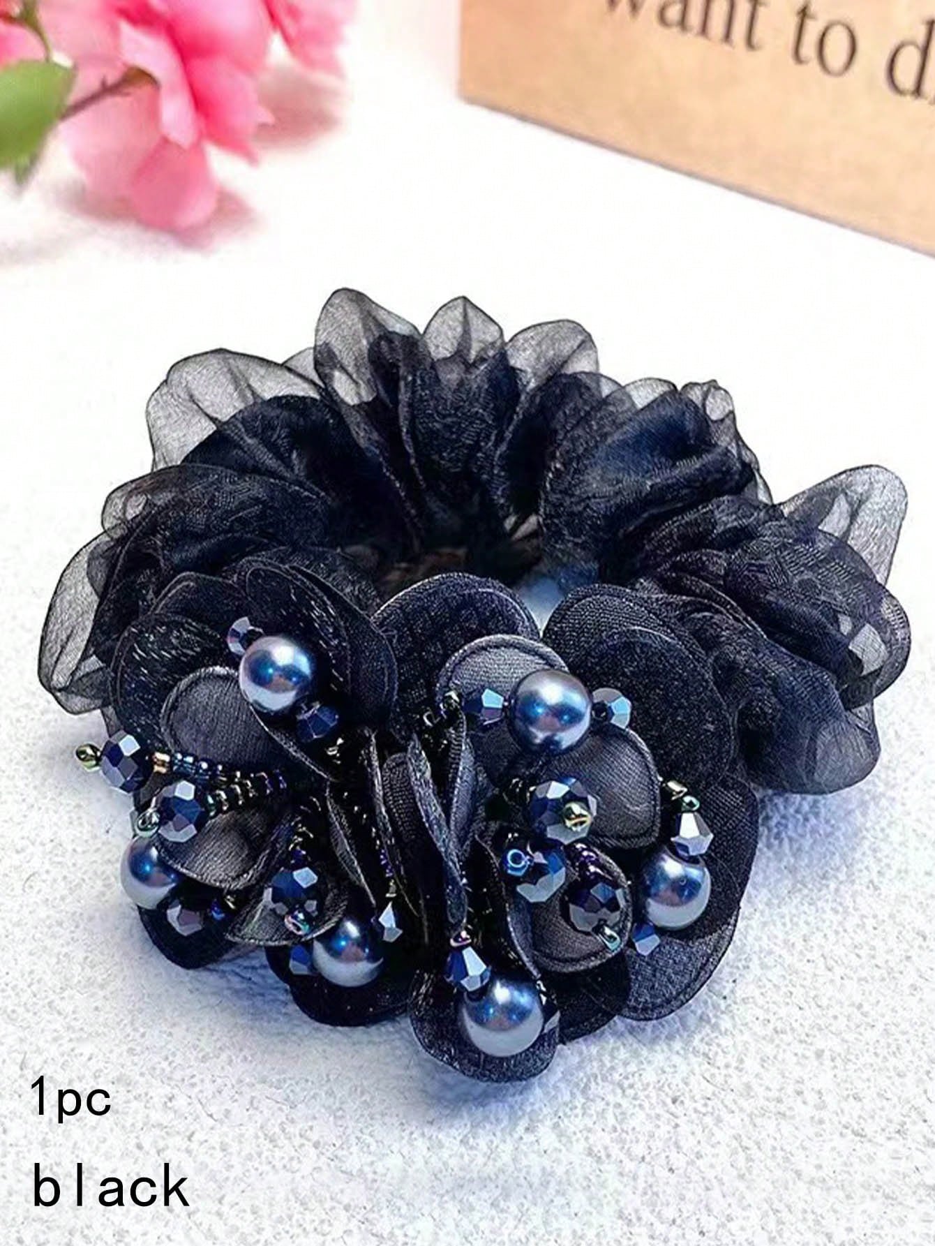Sort Scrunchie Hårelastik med Blomster & Perler 