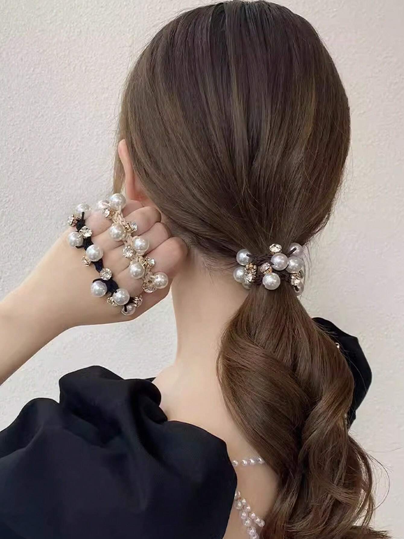 3 Hair Scrunchies with White &amp; Clear Pearls