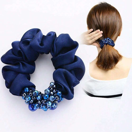 Blå Scrunchie Hårelastik med Perler