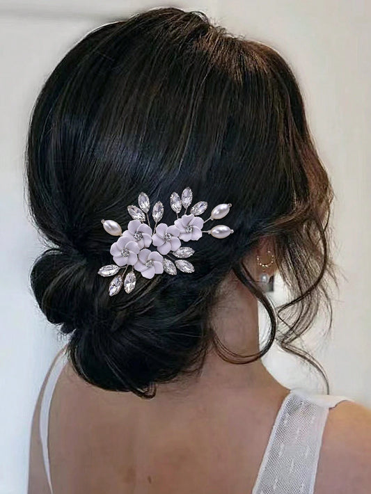 Silver Hairpin with White Flowers and Crystal Beads