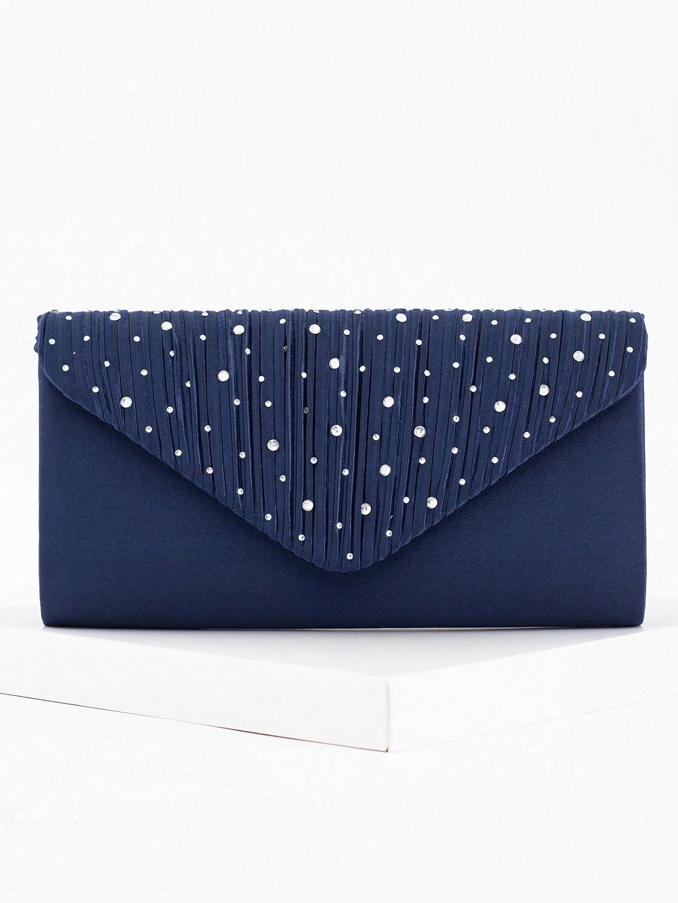 Clutch Bag - in Blue Satin with Beads &amp; Pleated Design