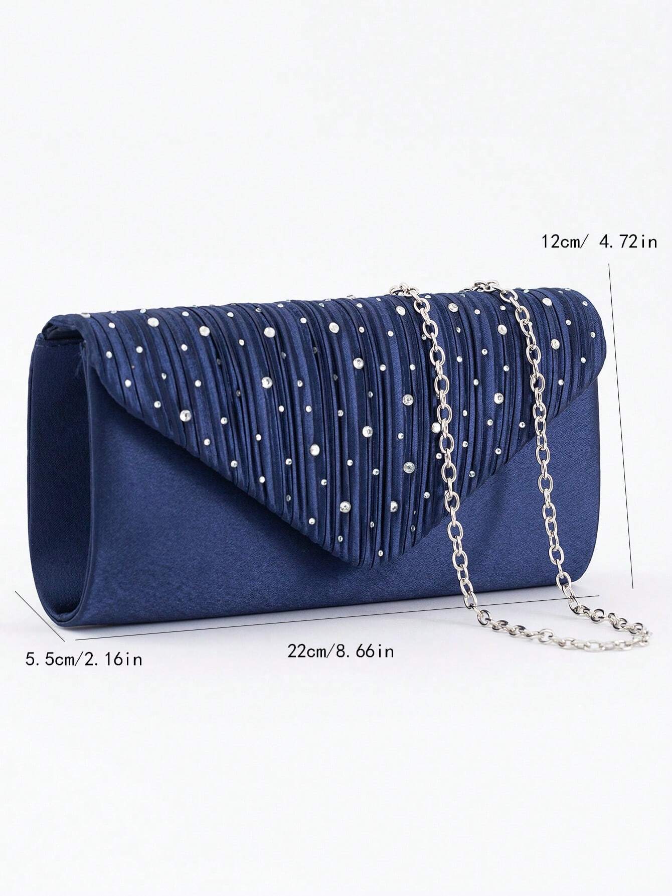 Clutch Bag - in Blue Satin with Beads &amp; Pleated Design