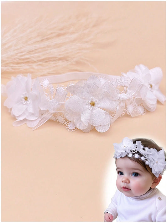 Baby Hårbånd med Hvide Blomster & Blonder 