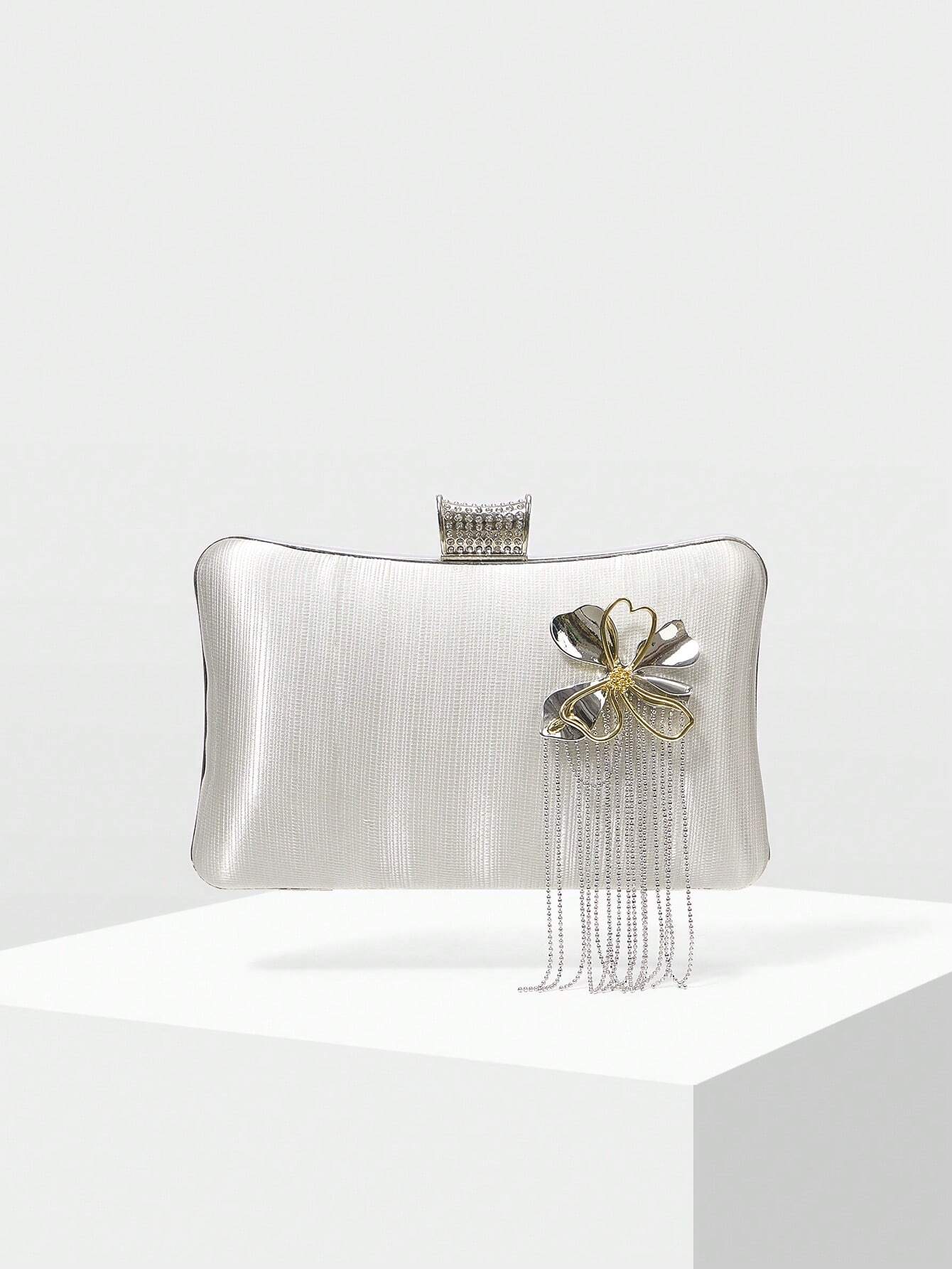 Silver Clutch Bag - Hardcase with Flower Brooch