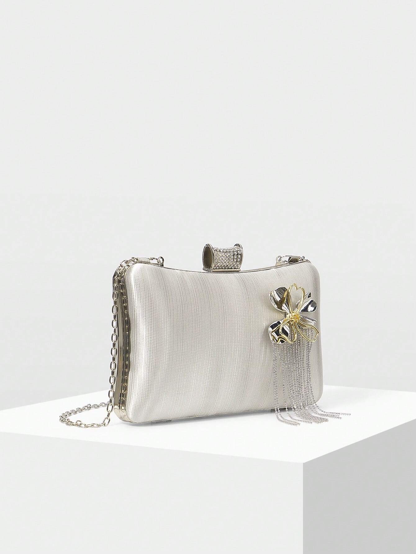 Silver Clutch Bag - Hardcase with Flower Brooch