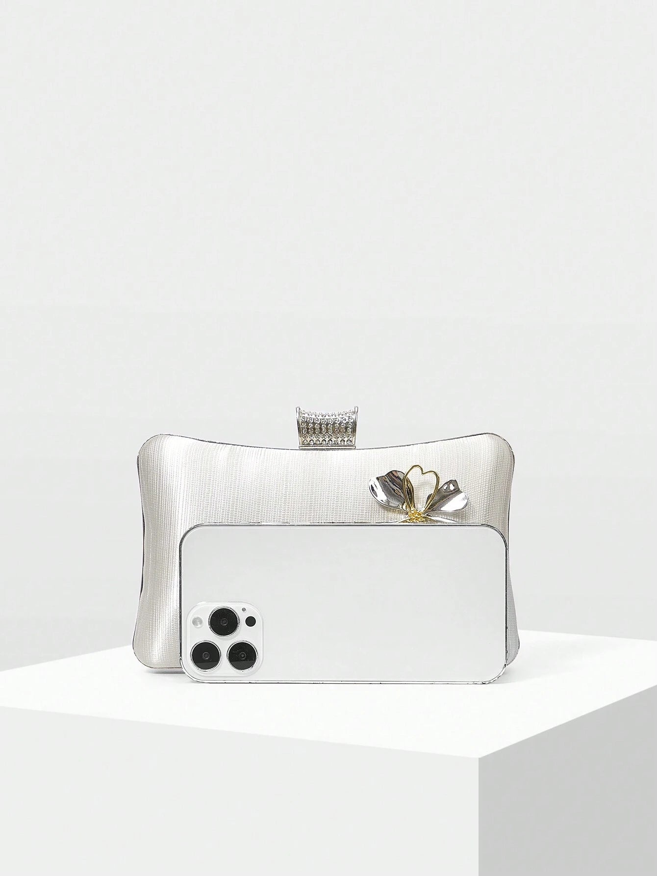 Silver Clutch Bag - Hardcase with Flower Brooch