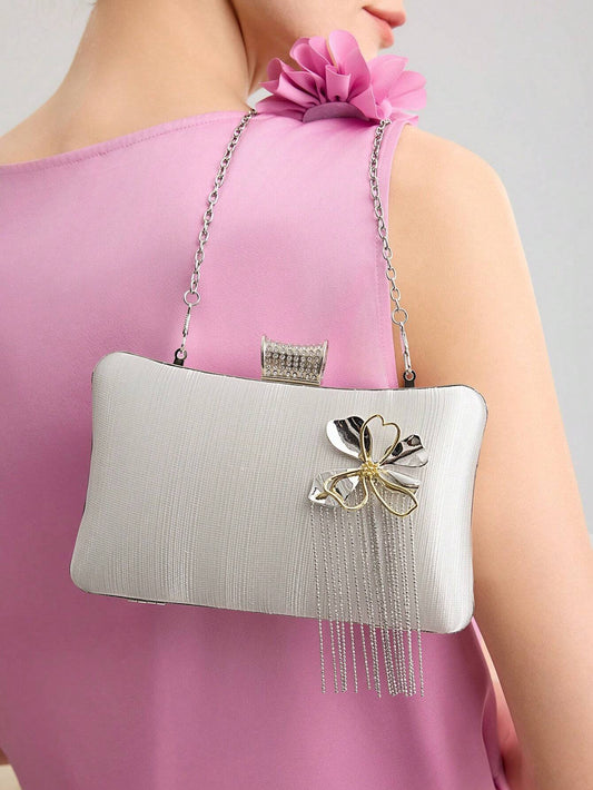 Silver Clutch Bag - Hardcase with Flower Brooch