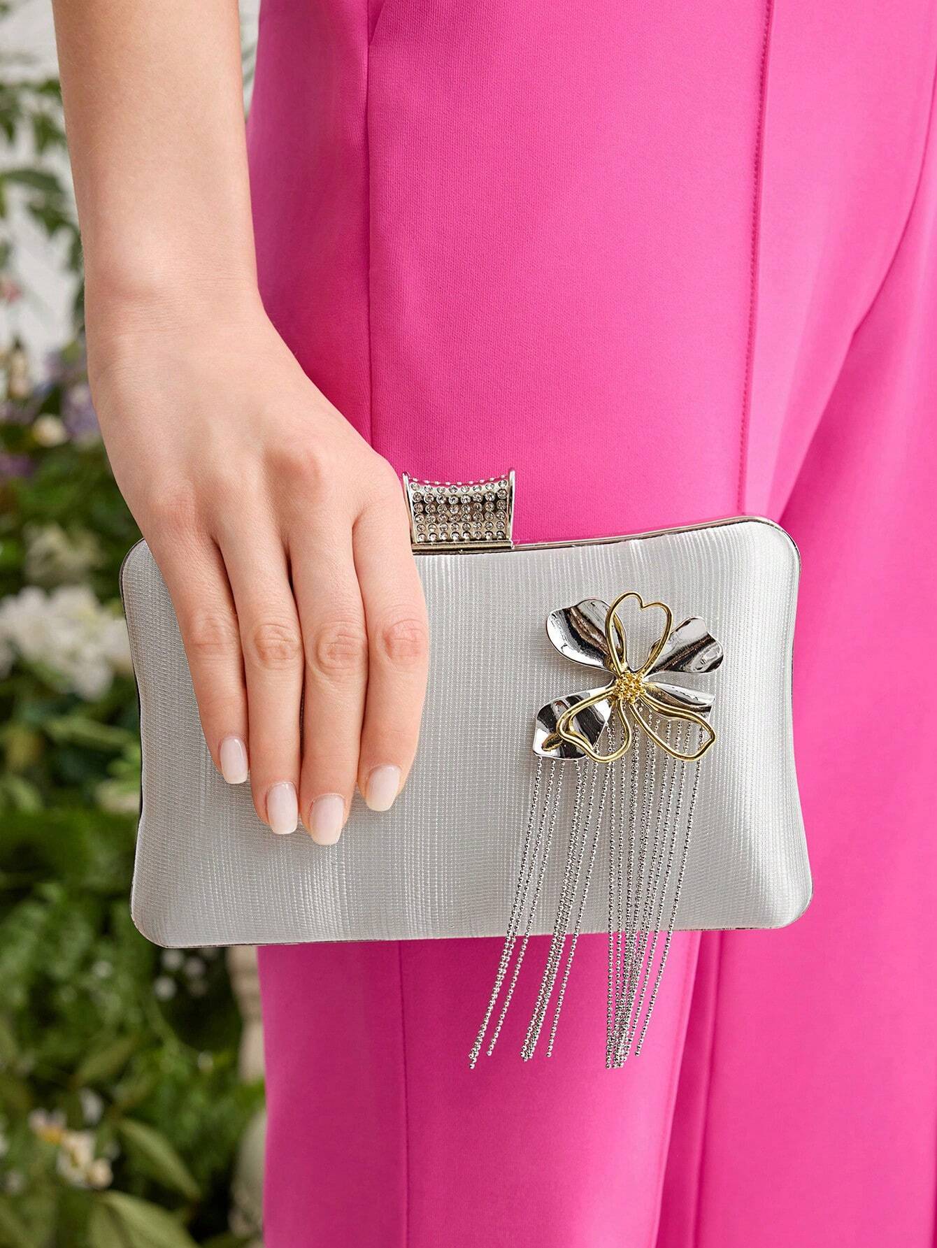 Silver Clutch Bag - Hardcase with Flower Brooch