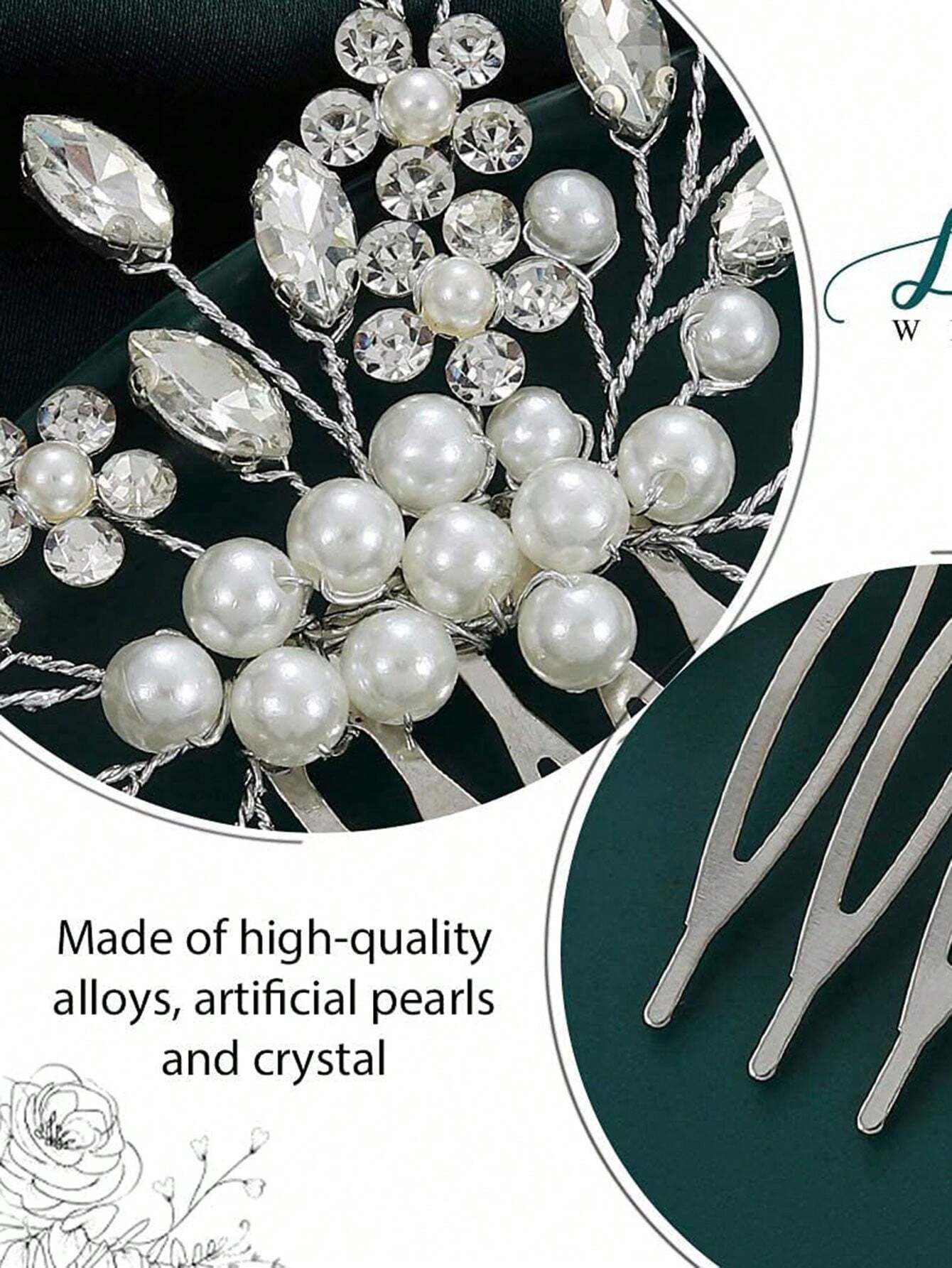 Silver Hair Ornament with Flowers, White &amp; Clear Pearls