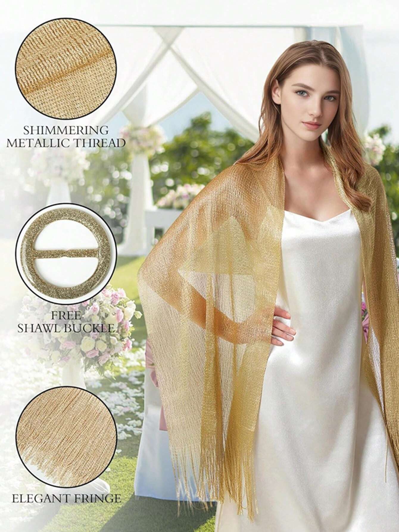 Gold Glitter Scarf - Shawl with Fringes &amp; Buckle