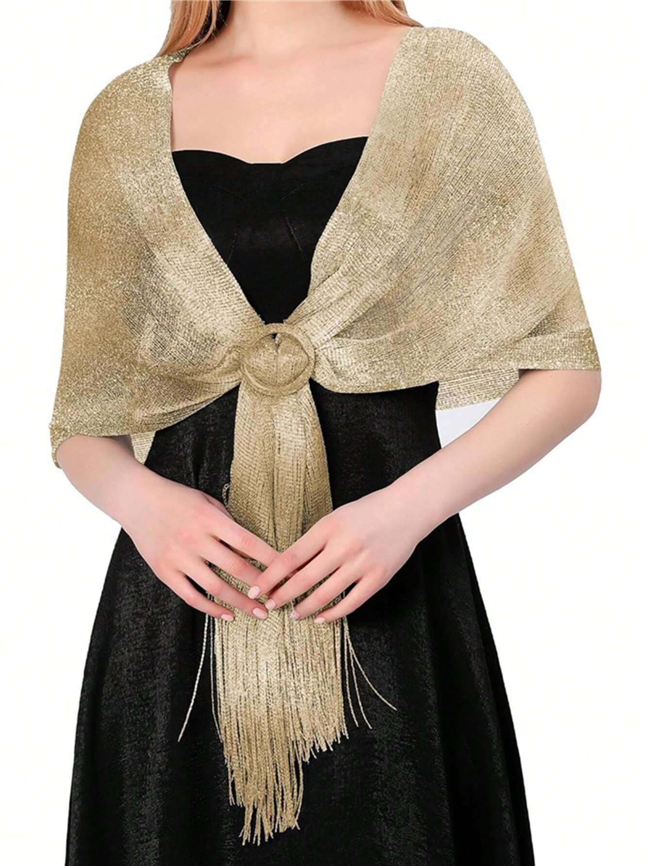 Gold Glitter Scarf - Shawl with Fringes &amp; Buckle