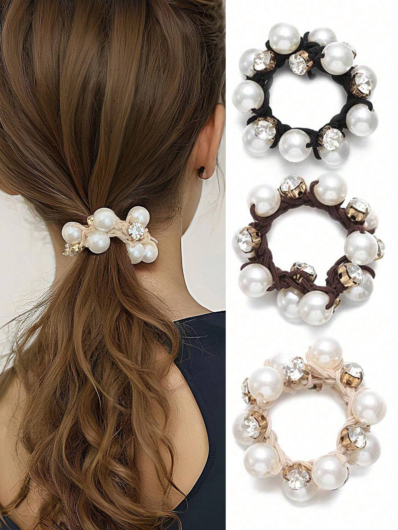 3 Hair Scrunchies with White &amp; Clear Pearls