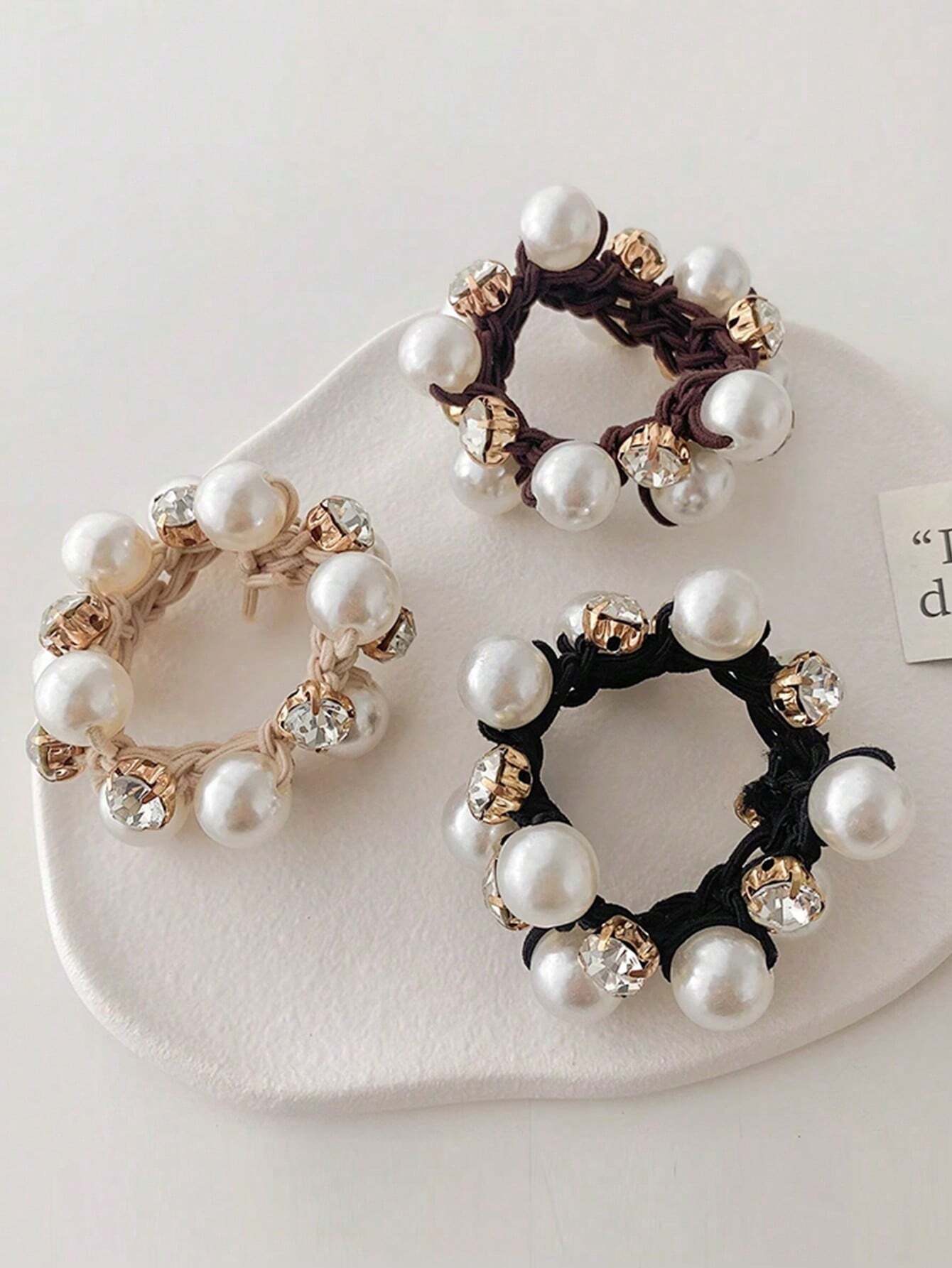 3 Hair Scrunchies with White &amp; Clear Pearls