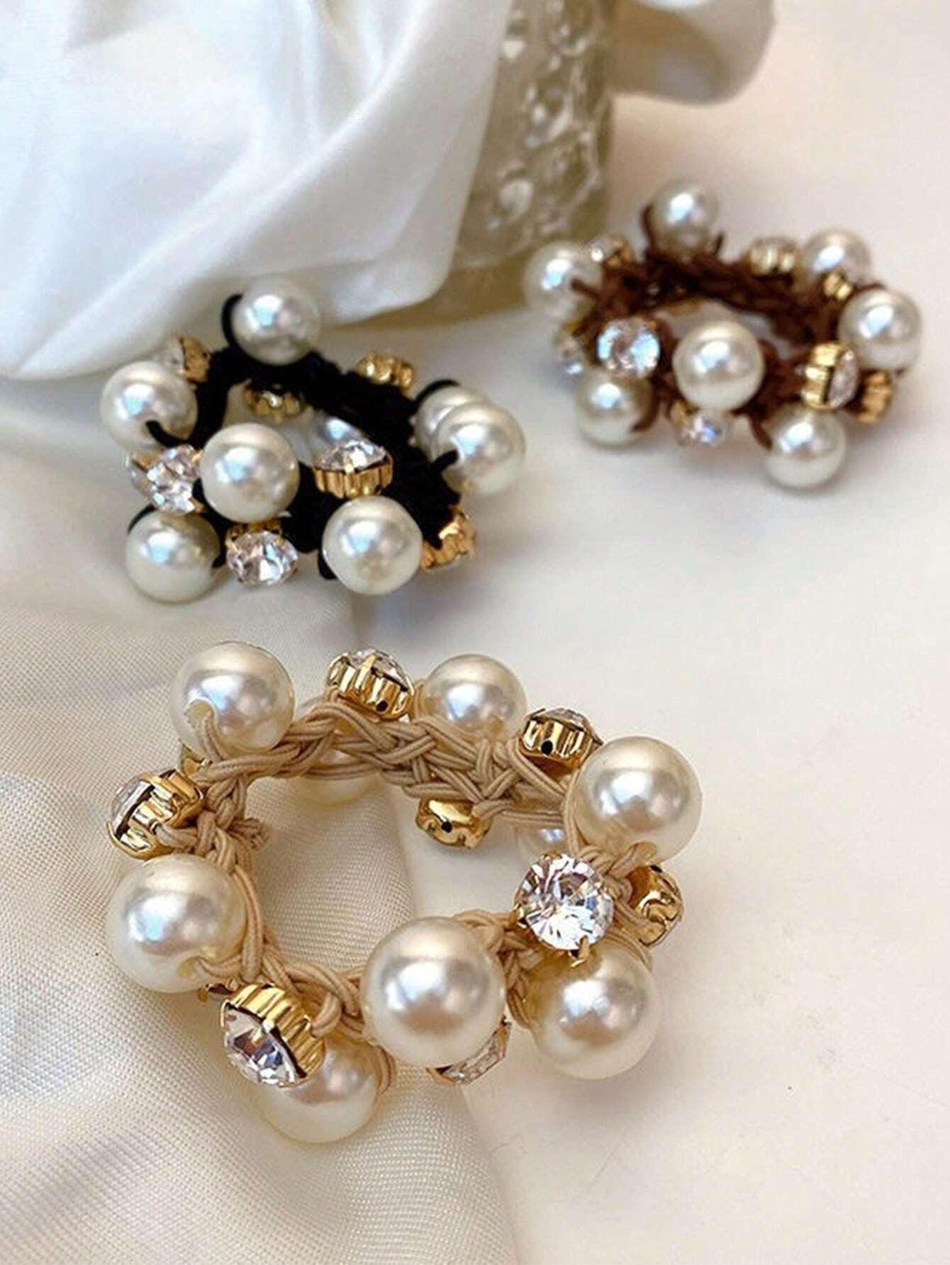 3 Hair Scrunchies with White &amp; Clear Pearls