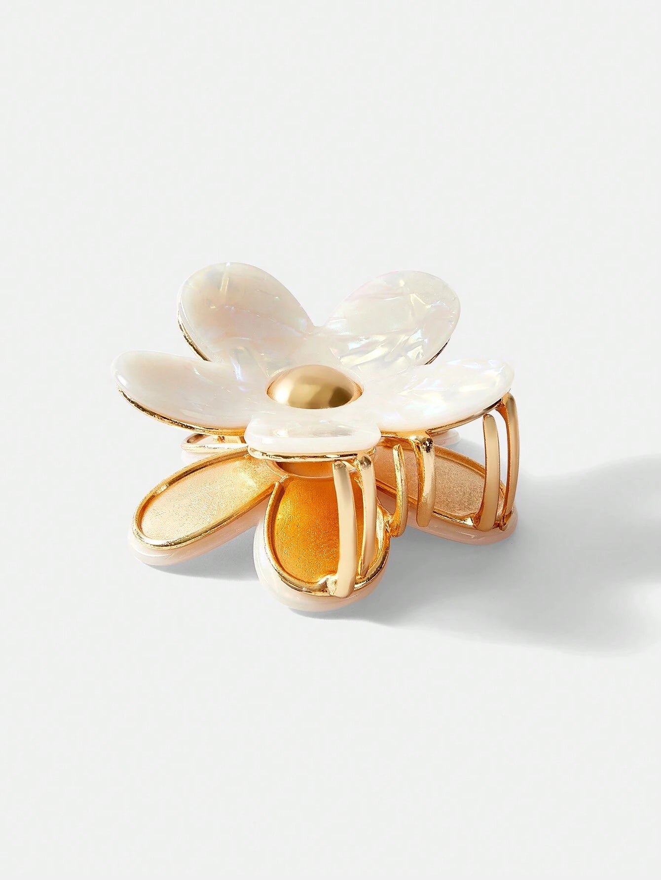 Golden Metal Hair Clip with White Mother of Pearl Flower