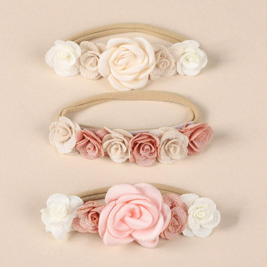3 Baby Hårbånd med Blomster - i Hvid & Lyserød