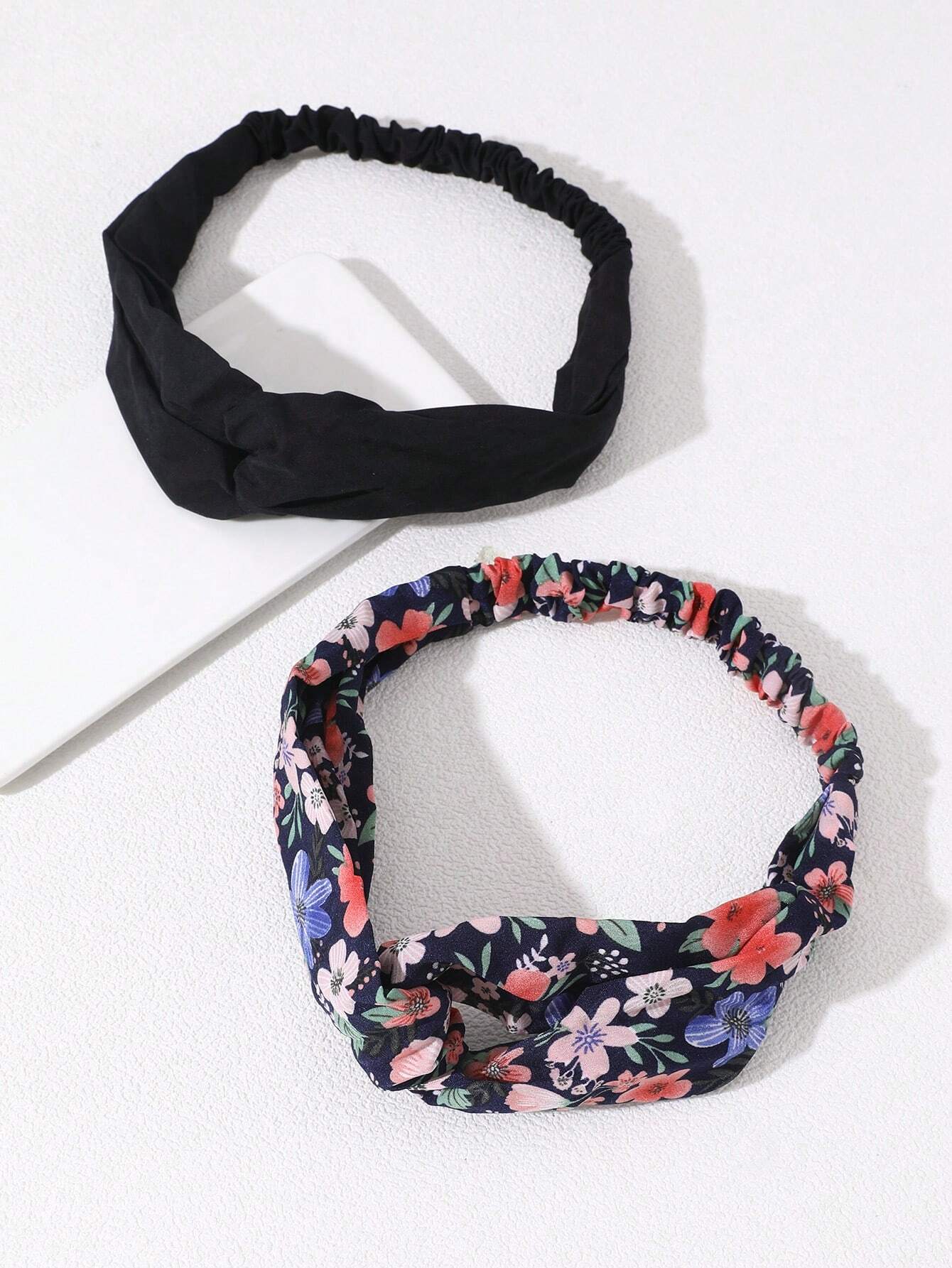 2 Stk Hårbånd med Snoning - i Sort & Blomsterprint