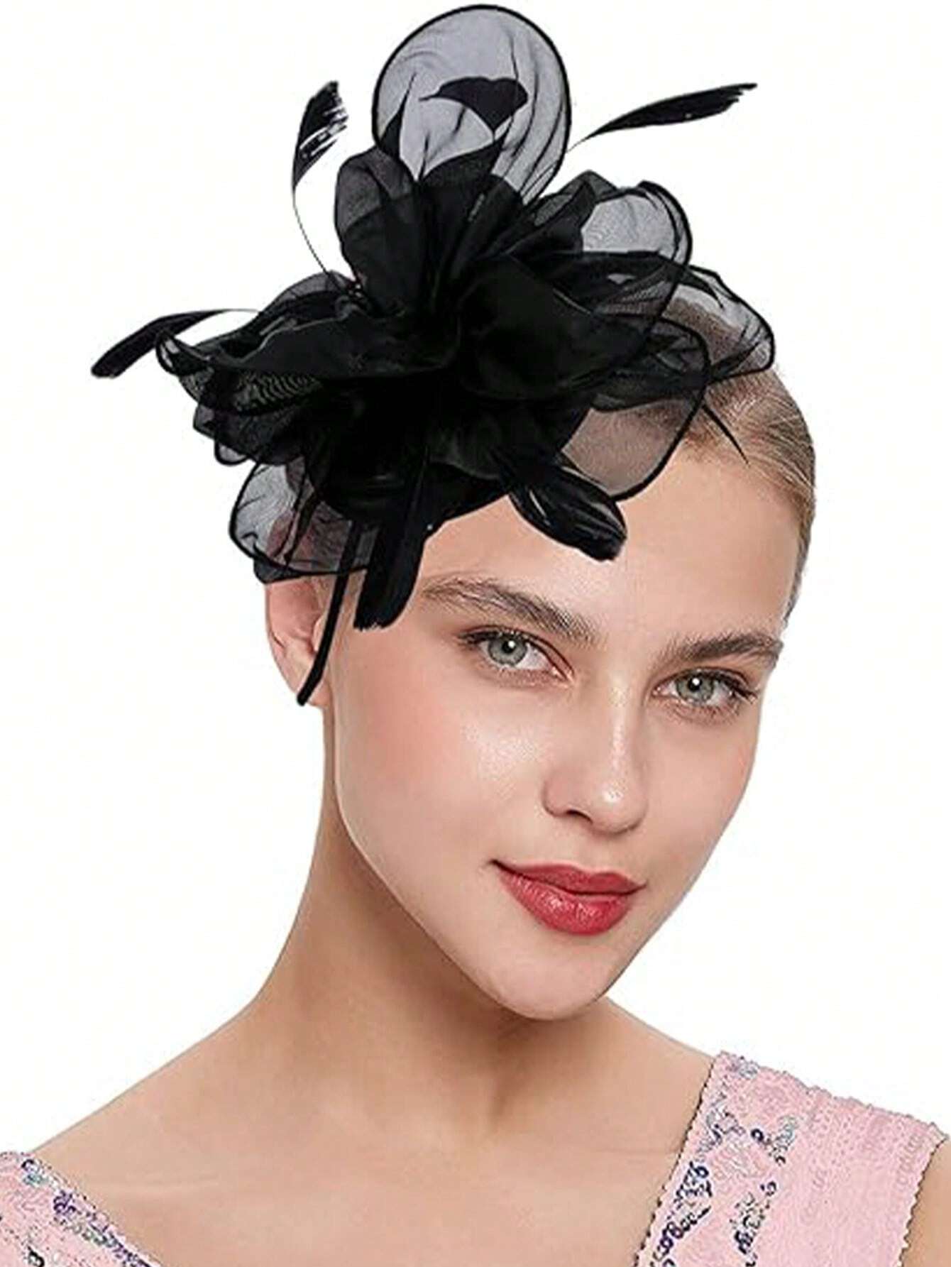 Sort Fascinator Hårpynt (Hat) med Satin-Blomst & Fjer