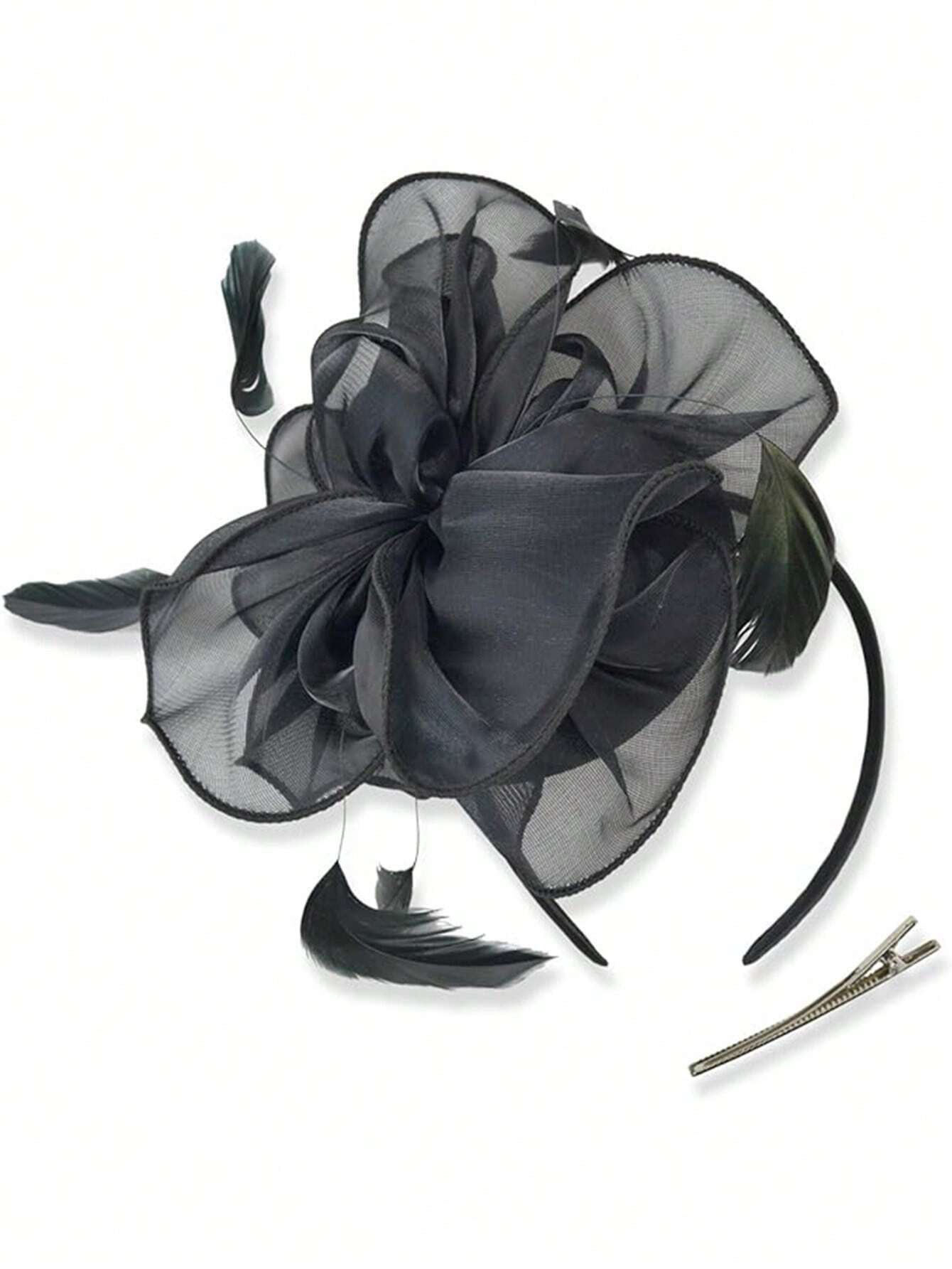 Sort Fascinator Hårpynt (Hat) med Satin-Blomst & Fjer