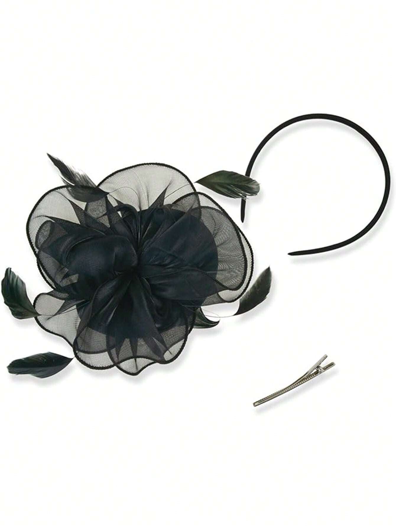 Sort Fascinator Hårpynt (Hat) med Satin-Blomst & Fjer