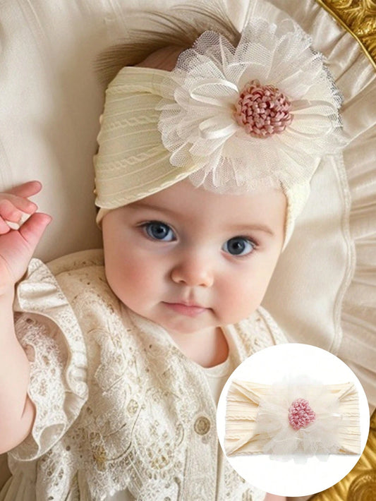 Baby Hårbånd med Blomst - i Lys Gul & Rosa