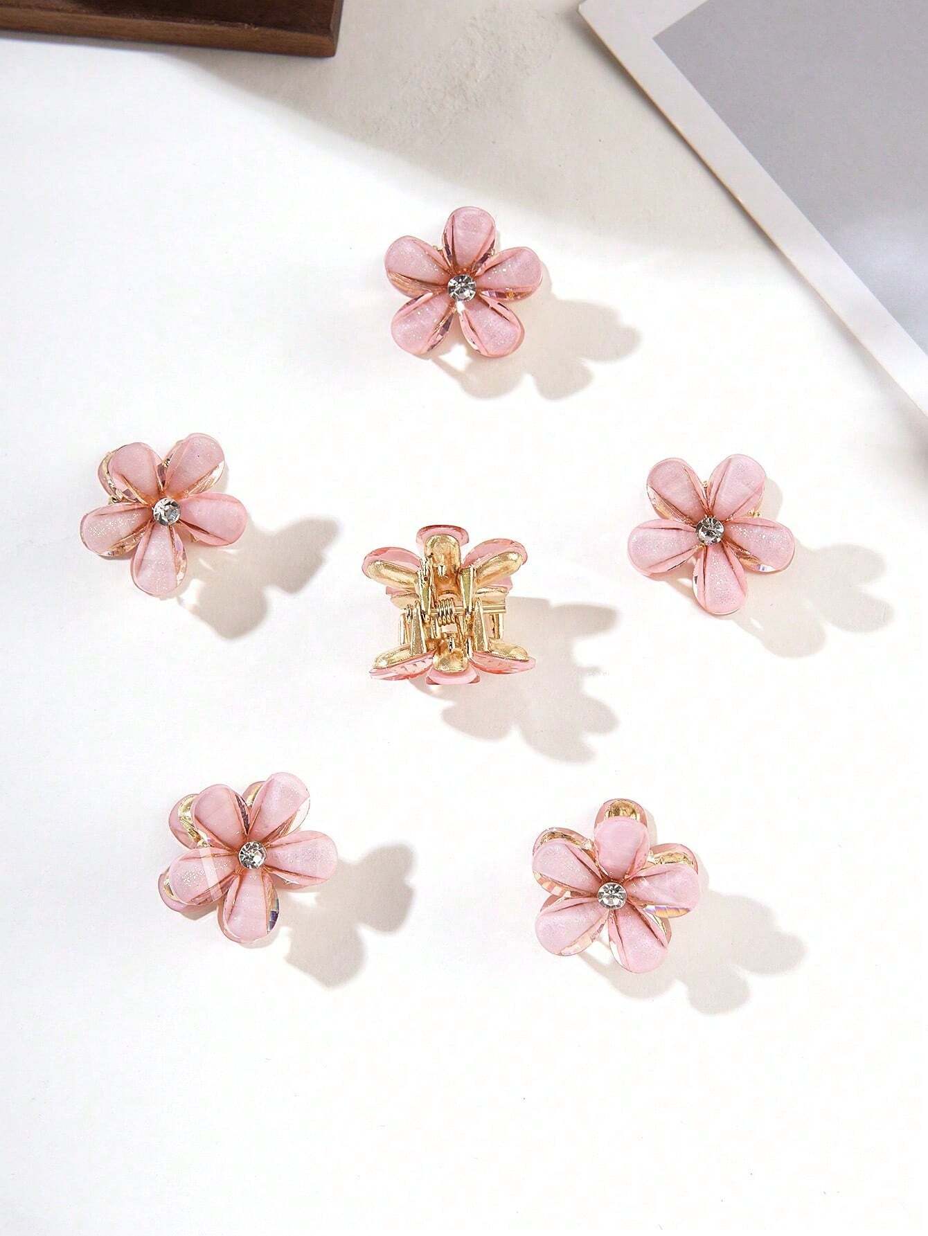 6 Small Golden Hair Clips with Pink Flowers