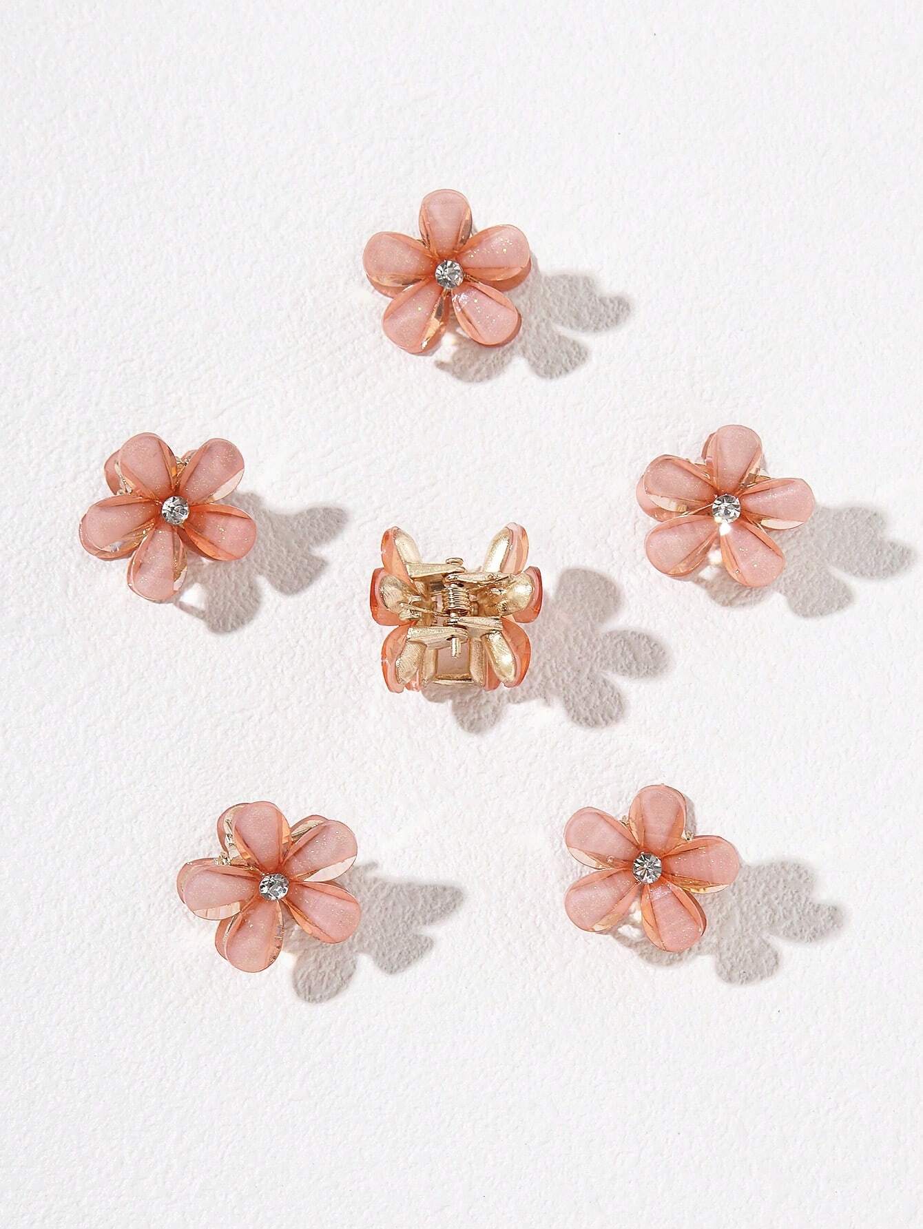 6 Small Golden Hair Clips with Pink Flowers