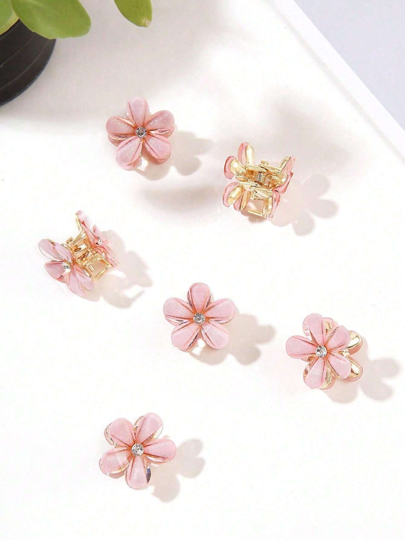 6 Small Golden Hair Clips with Pink Flowers