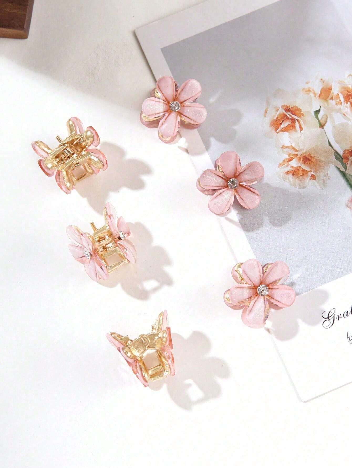 6 Small Golden Hair Clips with Pink Flowers