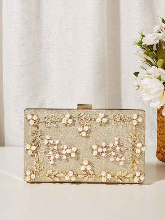 Clutch Taske -  i Guld-Glitter & Perle Dekoration