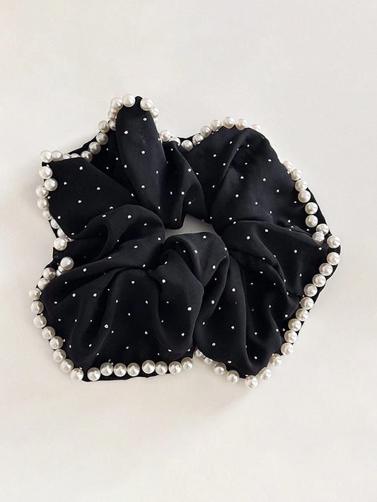 Large Black Scrunchie Hair Elastic with White Beads
